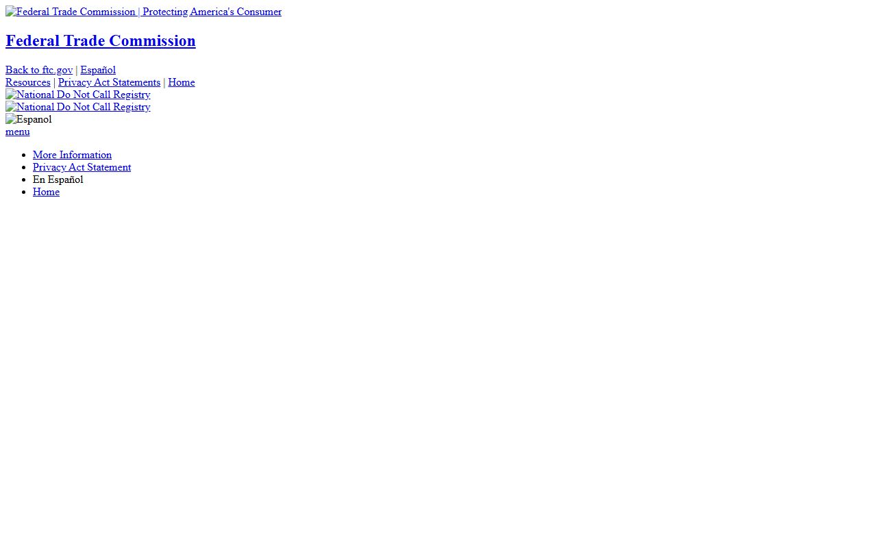 Kannapolis phone codes FTC Do Not Call Registry reporting page